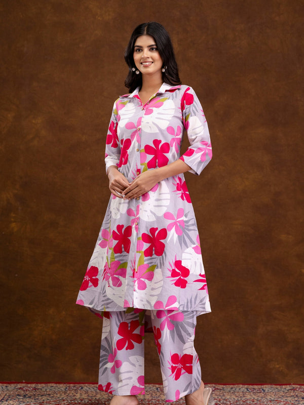 Grey Women’s Co-Ord Set–Printed Collared Kurta with 3/4 Sleeves & Elastic Waist Pants