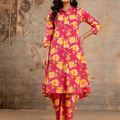 Red Women’s Co-Ord Set–Printed Collared Kurta with 3/4 Sleeves & Elastic Waist Pants