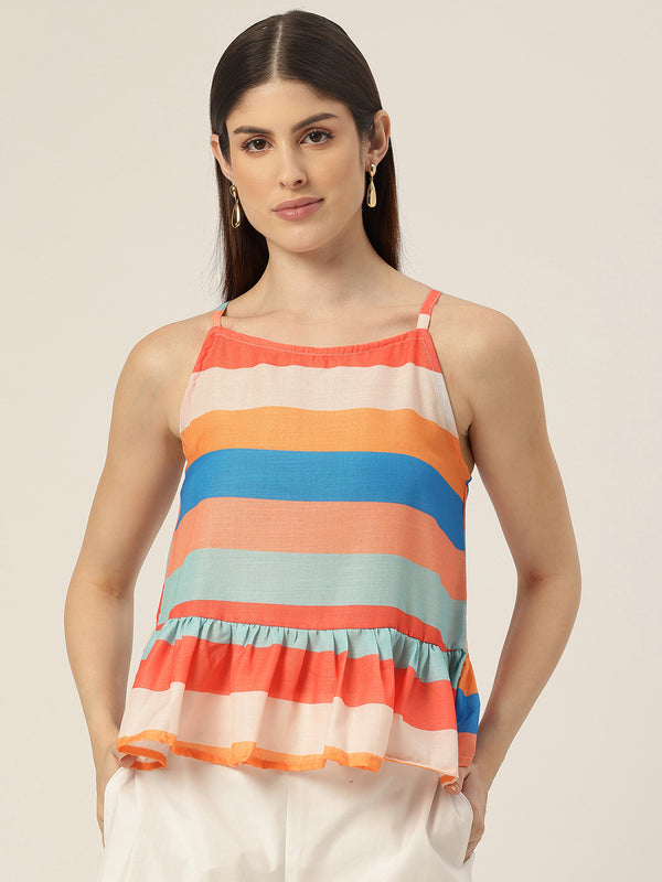 Cropped Sleeveless strap Peplum top with digital print on linen fabric.| Size- Small| Colour - Mustard, Royal, Peach, Aqua