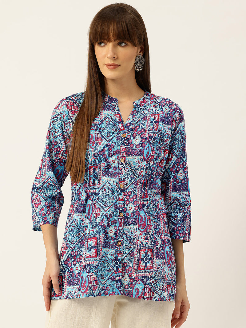 Elegant Mandarin Collar Printed Tunic – Stylish & Comfortable, Sizes