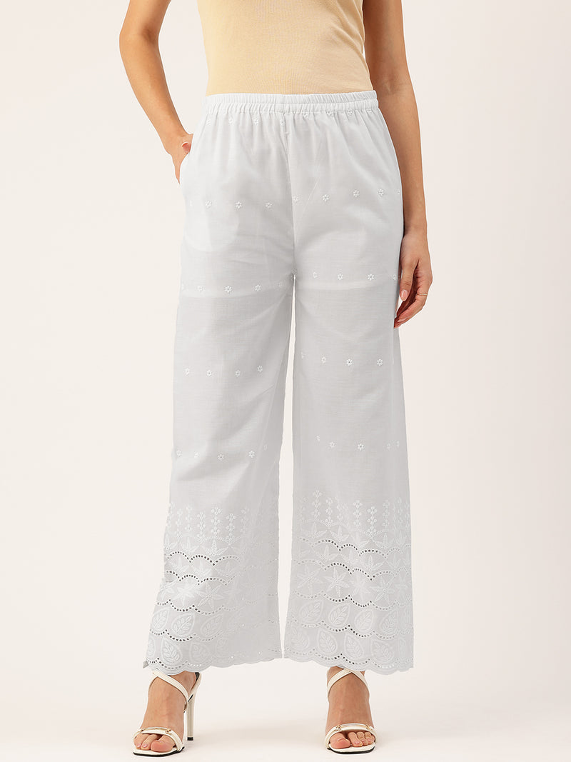 White Embroidered Palazzos–Fully Lined, Elastic Waist & Ankle-Length with Side Pocket