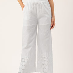 White Embroidered Palazzos–Fully Lined, Elastic Waist & Ankle-Length with Side Pocket