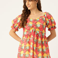 Cropped v-neck peplum puff sleeved top with digital print on linen fabric.