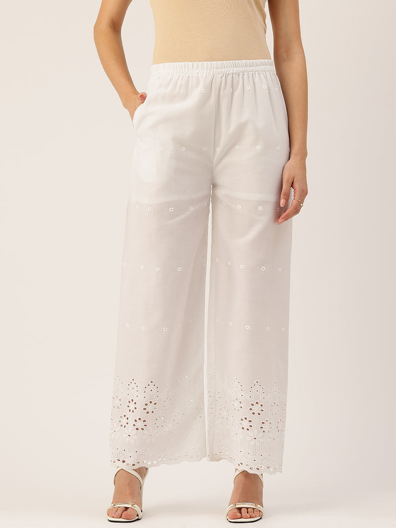 White Embroidered Palazzos–Fully Lined, Elastic Waist & Ankle-Length with Side Pocket