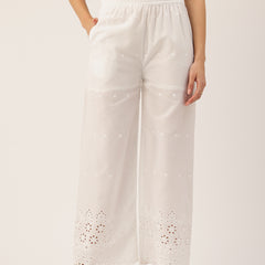 White Embroidered Palazzos–Fully Lined, Elastic Waist & Ankle-Length with Side Pocket
