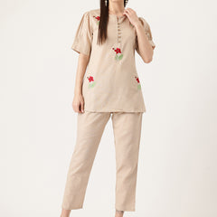 Beige Women's Embroidered Co-ord Set - Viscose Fabric Full Sleeve Shirt and Pant