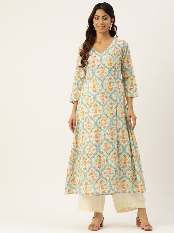 Floral Print 4 Button Angrakha Long Kurti