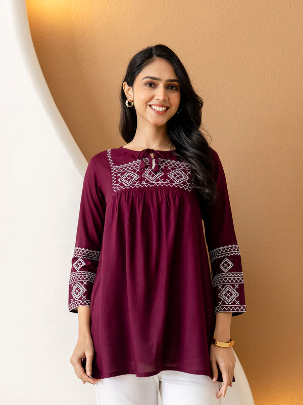 Solid Hip Length Embrioded 3/4 Sleeves Kurti