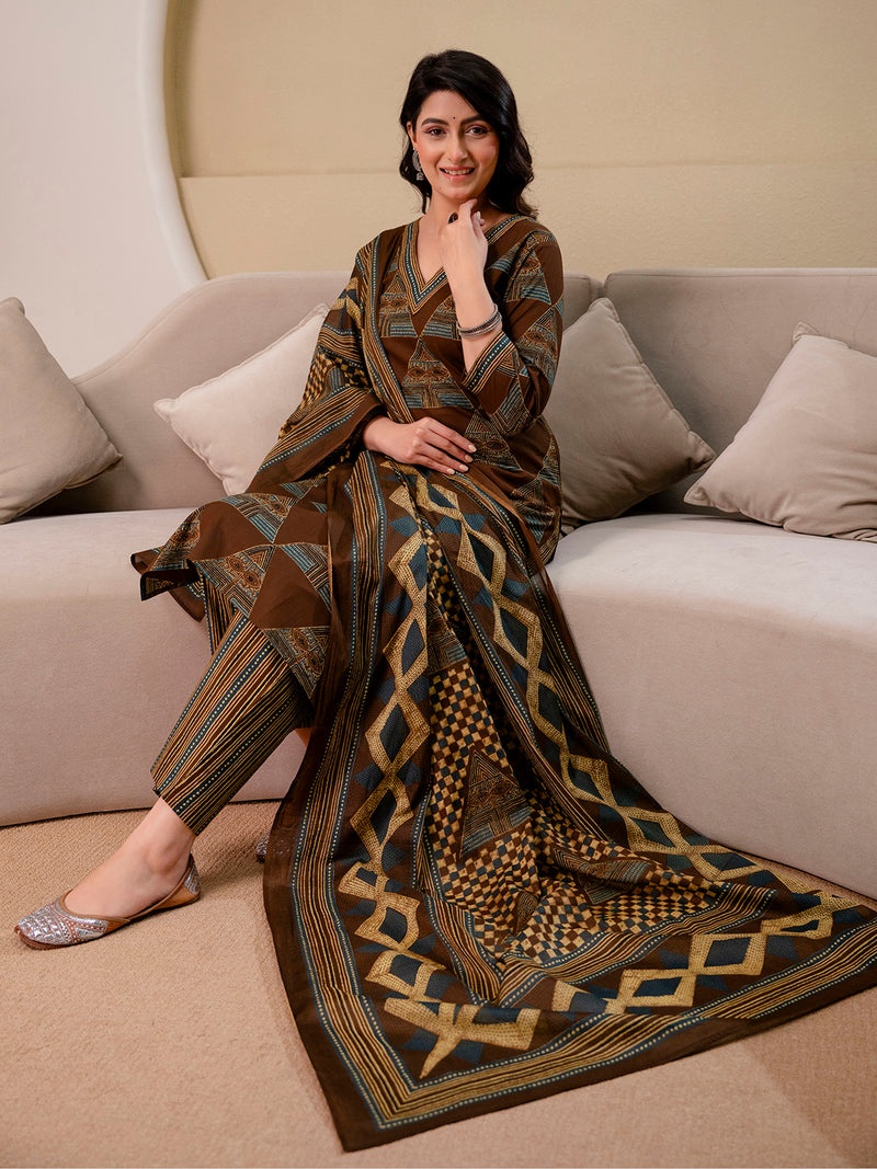 Bordered V-Neck 3-Piece Kurta Set with Ankle-Length Pants & Full-Length Dupatta (M–XXL)