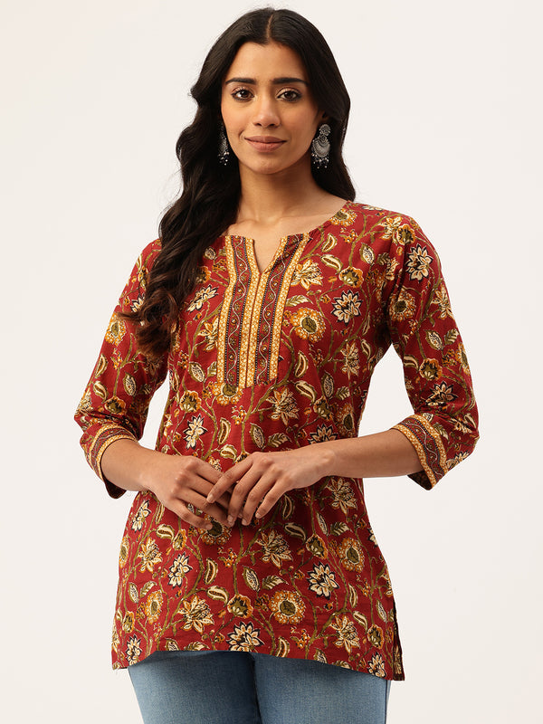 Empress Short Kurti for Women - V-Cut Neckline with Border Detail & 3/4 Sleeves
