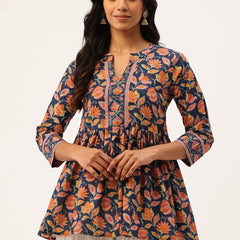 Peplum Hem TOP for Women - Mandarin Collar with V-Cut & 3/4 Sleeves