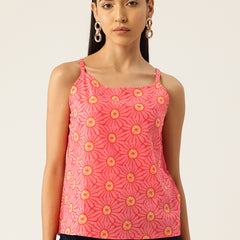 Relaxed fit strappy sleeveless top digitally printed on linen fabric.  | Size- Small |  Colour - Red, Yellow