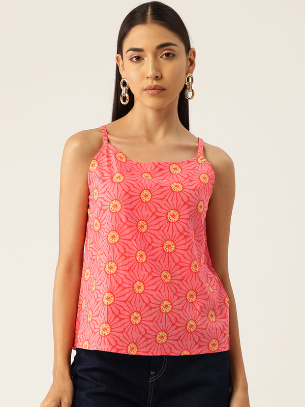Relaxed fit strappy sleeveless top digitally printed on linen fabric.  | Size- Small |  Colour - Red, Yellow