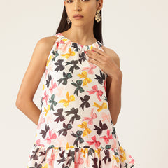 Cropped Sleeveless Elasticated Neck Bottom Flared Top with digital print on linen fabric.  | Size- Small |  Colour - White, Pink, Grey, Yellow