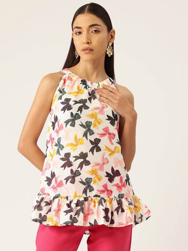 Cropped Sleeveless Elasticated Neck Bottom Flared Top with digital print on linen fabric.  | Size- Small |  Colour - White, Pink, Grey, Yellow