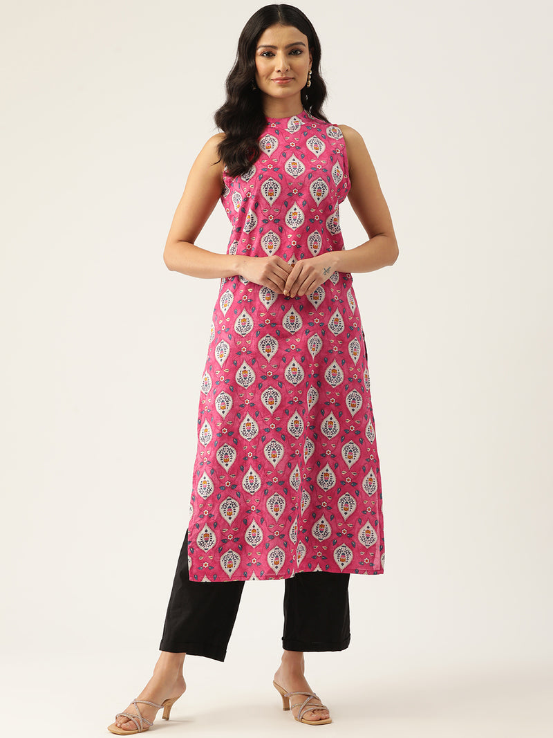 Women’s Pure Cotton Angrakha Kurti with Floral Print | 3/4 Sleeves | Adjustable Side Tie | Sizes S–XXL