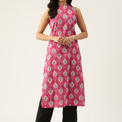 Women’s Pure Cotton Angrakha Kurti with Floral Print | 3/4 Sleeves | Adjustable Side Tie | Sizes S–XXL