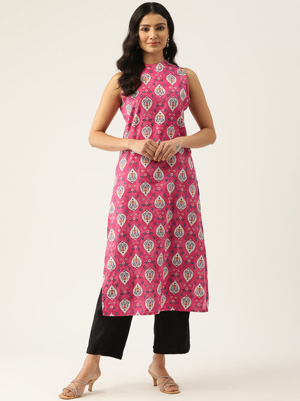 Women’s Pure Cotton Angrakha Kurti with Floral Print | 3/4 Sleeves | Adjustable Side Tie | Sizes S–XXL