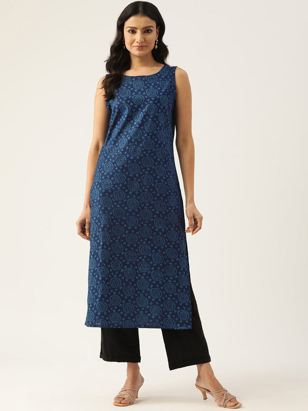 Cotton Boat Neck Sleeveless Straight Kurti