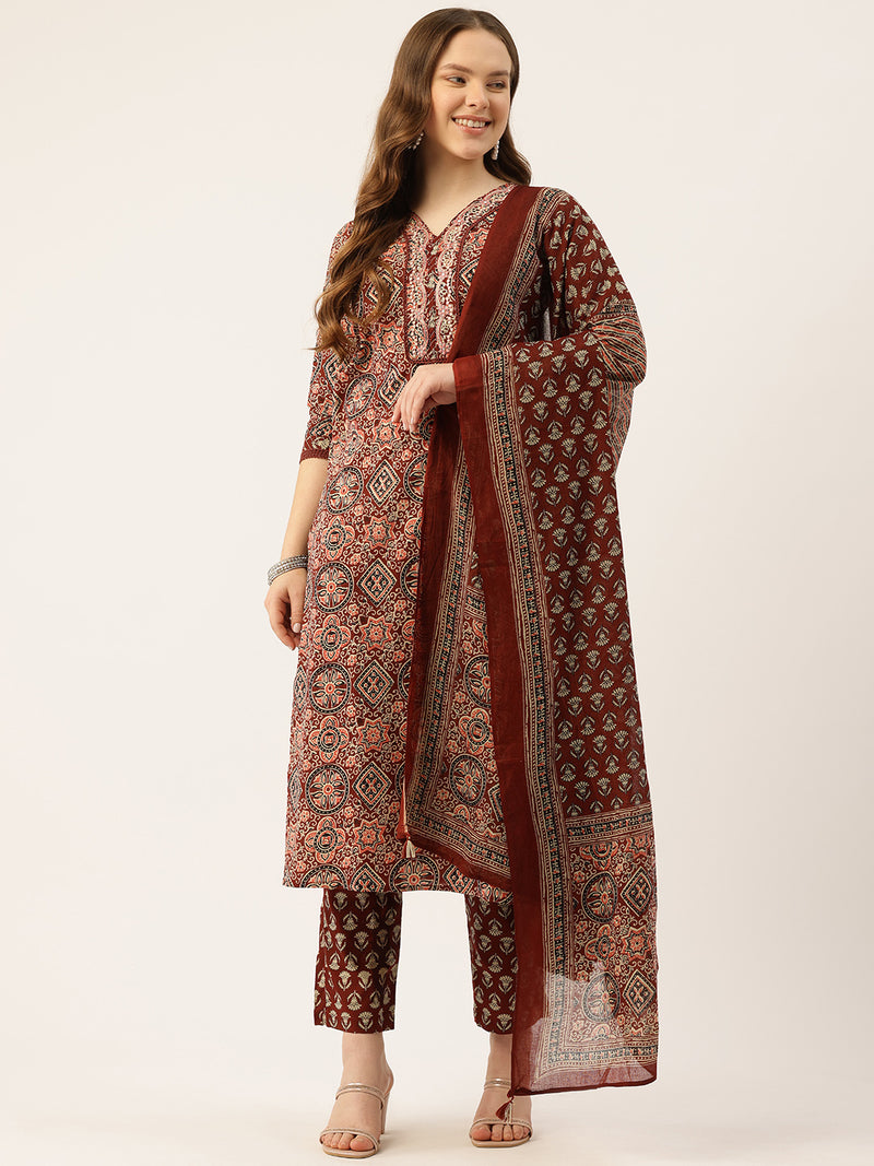 Straight Dupatta Sets - V-Neck, 3/4 Sleeves with Border Detailing, Elastic Waistband Pants with Pockets & Full-Length Dupatta (M-XXL)
