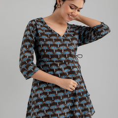 Floral Printed V-Neck Pure Cotton Angrakha A-Line Kurti