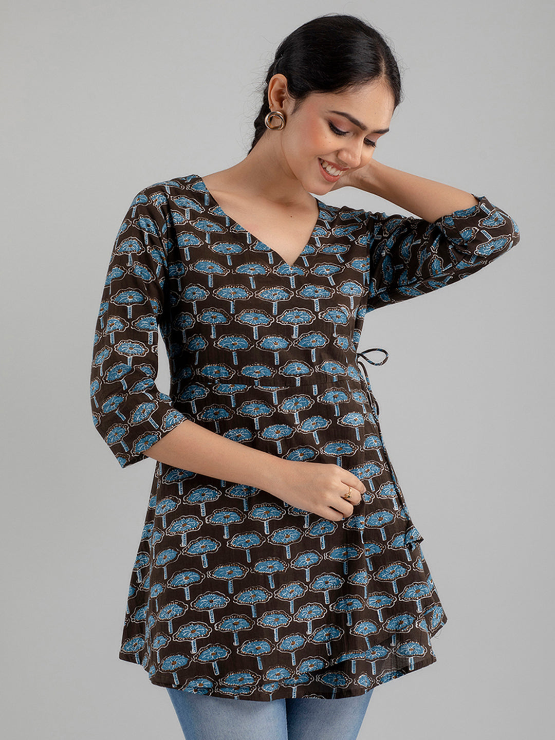 Floral Printed V-Neck Pure Cotton Angrakha A-Line Kurti FRKT6175