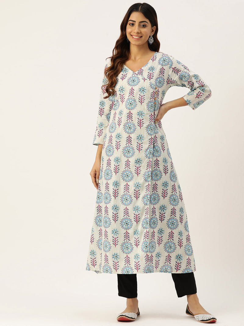 Floral Print 4 Button Angrakha Long Kurti