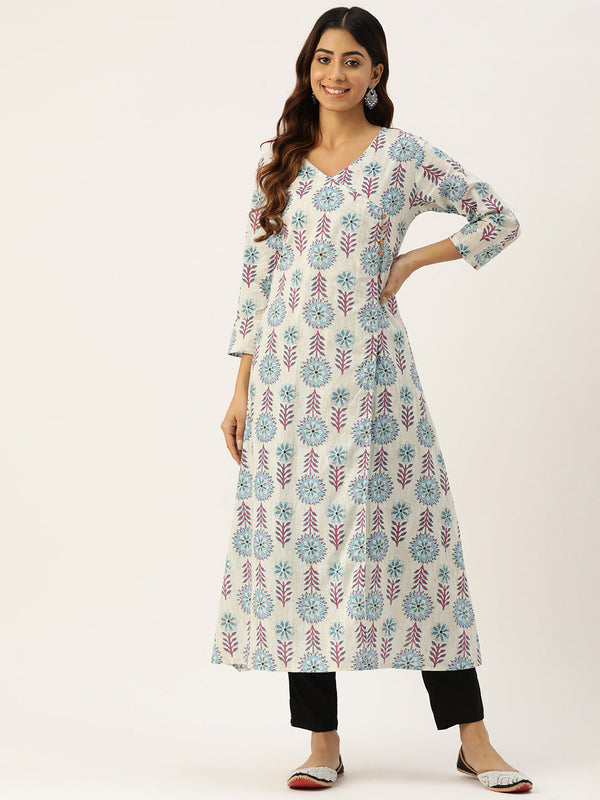 Floral Print 4 Button Angrakha Long Kurti