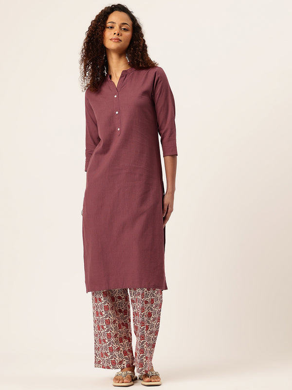 Women’s Solid Long Kurti with Mandarin Collar, 3/4 Sleeves & Pocket | Plain Elegant Cotton Kurta for Daily & Office Wear