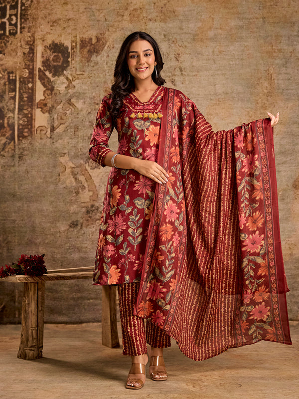 Pure Cotton Red Bordered V-Neck 3-Piece Kurta Set with Printed Dupatta