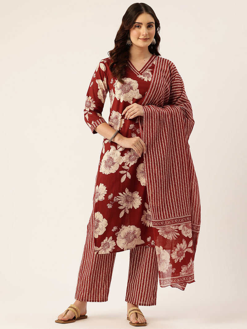 Bodered V-Neck 3-Piece Kurta Set with Ankle-Length Pants & Full-Length Dupatta (Size S-XXL).