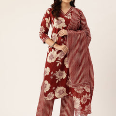Bodered V-Neck 3-Piece Kurta Set with Ankle-Length Pants & Full-Length Dupatta (Size S-XXL).