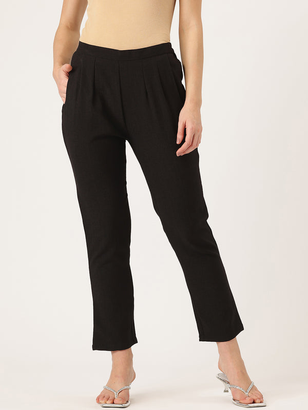 Black Linen Trouser - Ankle-Length Pant , Partially Elasticated ,Double Pockets