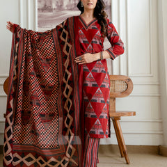 Bordered V-Neck 3-Piece Kurta Set with Ankle-Length Pants & Full-Length Dupatta (M–XXL)