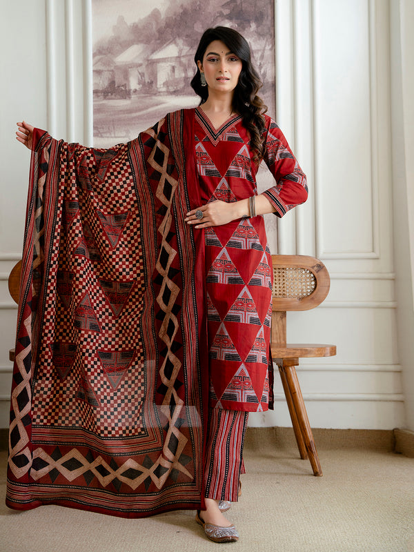 Bordered V-Neck 3-Piece Kurta Set with Ankle-Length Pants & Full-Length Dupatta (M–XXL)