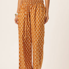 Gold Women Pure Cotton Paisley Printed Palazzo Pants | Elastic Waist | Wide Leg