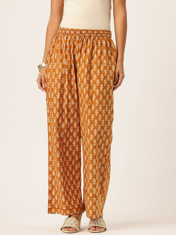 Gold Women Pure Cotton Paisley Printed Palazzo Pants | Elastic Waist | Wide Leg