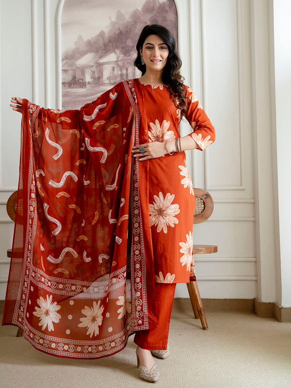 Printed Cotton Kurta Set with Ankle-Length Pants and Graceful Dupatta