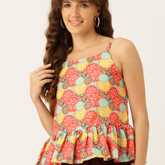 Cropped Sleeveless strap Peplum top with digital print on linen fabric.| Size- Small| Colour - Magenta, Yellow, Aqua