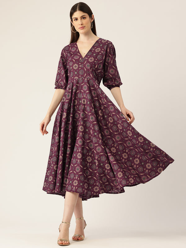 Women's Pure Cotton Floral Printed A-Line Gown with 3/4 Puff Sleeves & V-Neck
