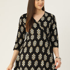 Floral Print Angrakha 3\4 Sleeves Flared Kurti