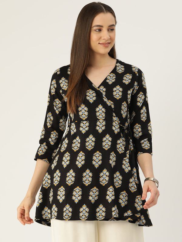 Floral Print Angrakha 3\4 Sleeves Flared Kurti