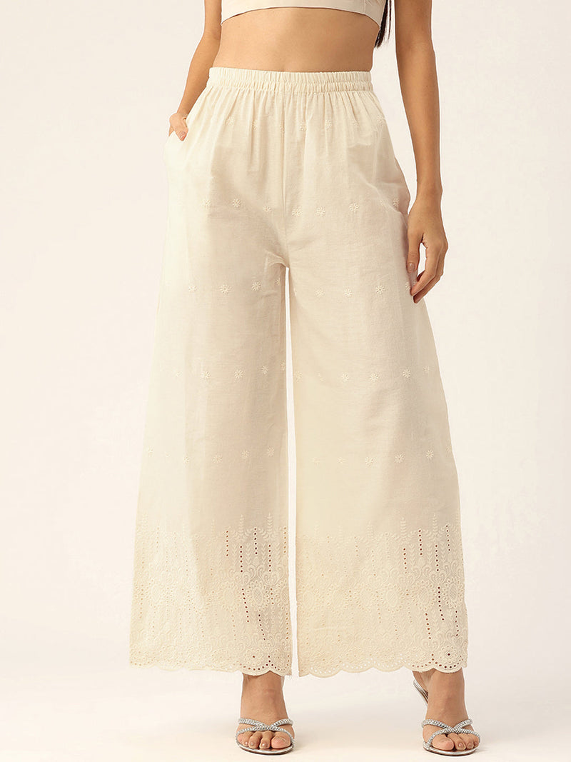 Beige Palazzos | Embroidered Elegnace With Elastic Waist & Single Pocket
