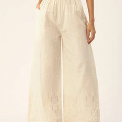 Beige Palazzos | Embroidered Elegnace With Elastic Waist & Single Pocket