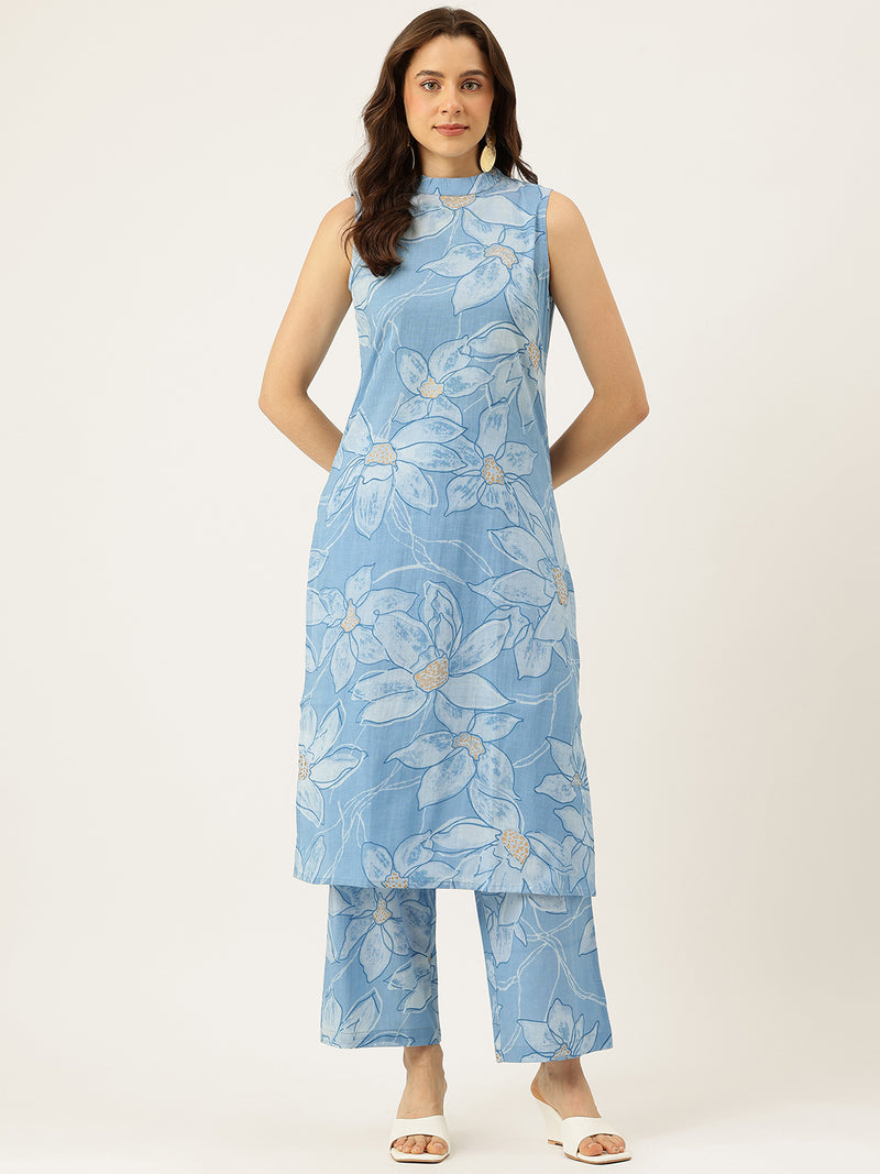 Floral Sleeveless Cotton Co-Ord Set with Choker Neckline – Pure Cotton | Sizes S–XXL