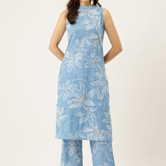 Floral Sleeveless Cotton Co-Ord Set with Choker Neckline – Pure Cotton | Sizes S–XXL