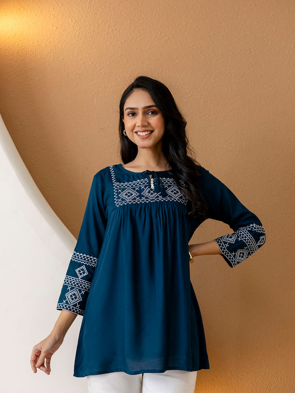 Solid Hip Length Embrioded 3/4 Sleeves Kurti