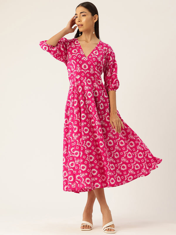 Women's Pure Cotton Floral Printed A-Line Gown with 3/4 Puff Sleeves & V-Neck