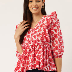 Cotton Linen Puff Sleeve Kurti for Women - Short Fit & Flare KURTI with Button Front