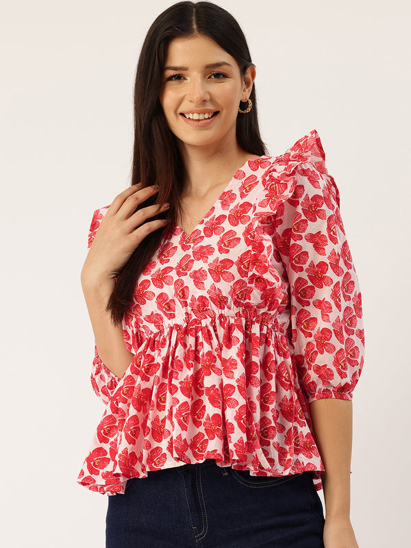 Cotton Linen Puff Sleeve Kurti for Women - Short Fit & Flare KURTI with Button Front